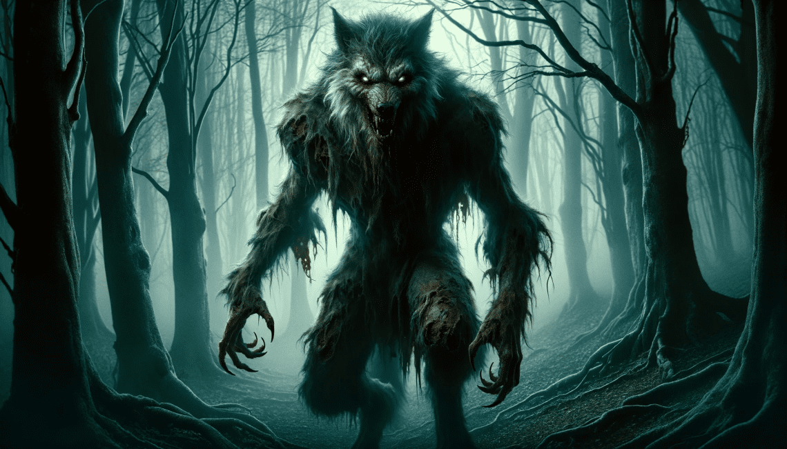 Vărkolak or Vukodlak, the Slavic undead vampire werewolf, in a haunting Eastern European forest. The creature is a fearsome mix of wolf and human, with tattered fur and glowing eyes. Its predatory yet ghostly posture embodies the terrifying aspects of both a vampire and a werewolf. The dark, foreboding forest, filled with gnarled trees and a misty atmosphere, enhances the horror and mythology of this legendary being.