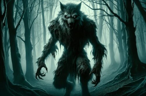 Vărkolak or Vukodlak, the Slavic undead vampire werewolf, in a haunting Eastern European forest. The creature is a fearsome mix of wolf and human, with tattered fur and glowing eyes. Its predatory yet ghostly posture embodies the terrifying aspects of both a vampire and a werewolf. The dark, foreboding forest, filled with gnarled trees and a misty atmosphere, enhances the horror and mythology of this legendary being.