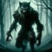 Vărkolak or Vukodlak, the Slavic undead vampire werewolf, in a haunting Eastern European forest. The creature is a fearsome mix of wolf and human, with tattered fur and glowing eyes. Its predatory yet ghostly posture embodies the terrifying aspects of both a vampire and a werewolf. The dark, foreboding forest, filled with gnarled trees and a misty atmosphere, enhances the horror and mythology of this legendary being.