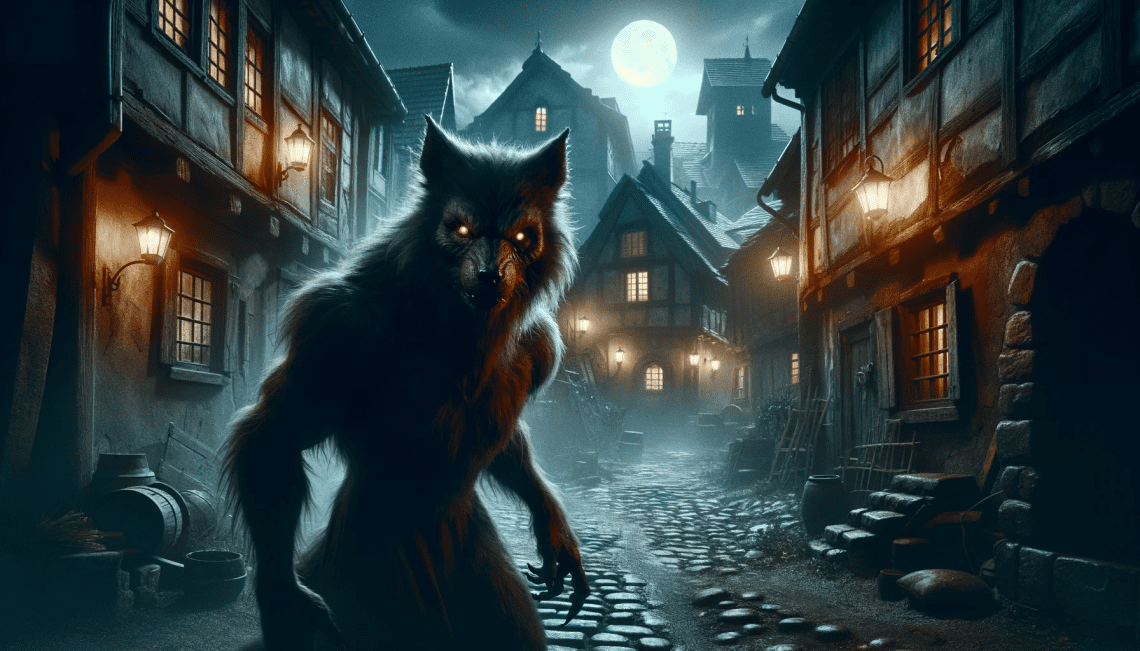 Werewolf, fully transformed into a wolf, lurking in the shadows of an eerie, abandoned village at night. Its eyes reflect cunning intelligence, enhancing the sense of danger. The village, with old, dilapidated buildings and cobblestone streets, is dimly lit by lanterns, creating an atmosphere of desolation and fear. The tense and suspenseful environment captures the essence of the werewolf as a nocturnal predator.