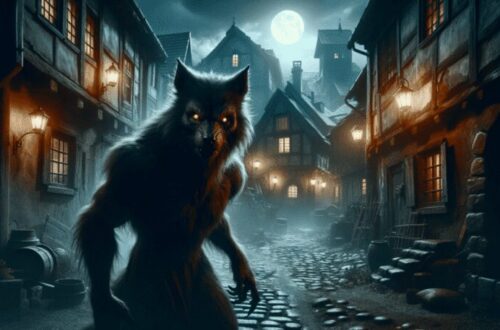 Werewolf, fully transformed into a wolf, lurking in the shadows of an eerie, abandoned village at night. Its eyes reflect cunning intelligence, enhancing the sense of danger. The village, with old, dilapidated buildings and cobblestone streets, is dimly lit by lanterns, creating an atmosphere of desolation and fear. The tense and suspenseful environment captures the essence of the werewolf as a nocturnal predator.