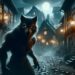 Werewolf, fully transformed into a wolf, lurking in the shadows of an eerie, abandoned village at night. Its eyes reflect cunning intelligence, enhancing the sense of danger. The village, with old, dilapidated buildings and cobblestone streets, is dimly lit by lanterns, creating an atmosphere of desolation and fear. The tense and suspenseful environment captures the essence of the werewolf as a nocturnal predator.