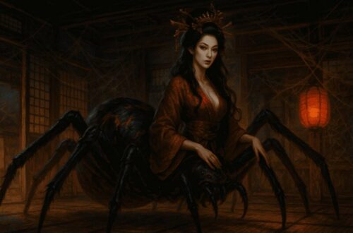 Illustration of the Jorōgumo, a spider demon, in a traditional Japanese setting