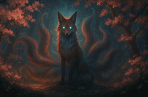 A majestic Kitsune with multiple tails in a mystical forest setting