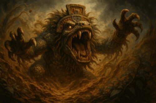 Illustration of Tlaltecuhtli, the Aztec earth monster with fearsome jaws.