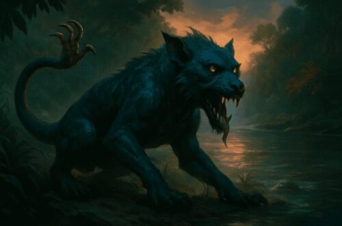 Illustration of the Ahuizotl, the water-dwelling creature from Aztec mythology